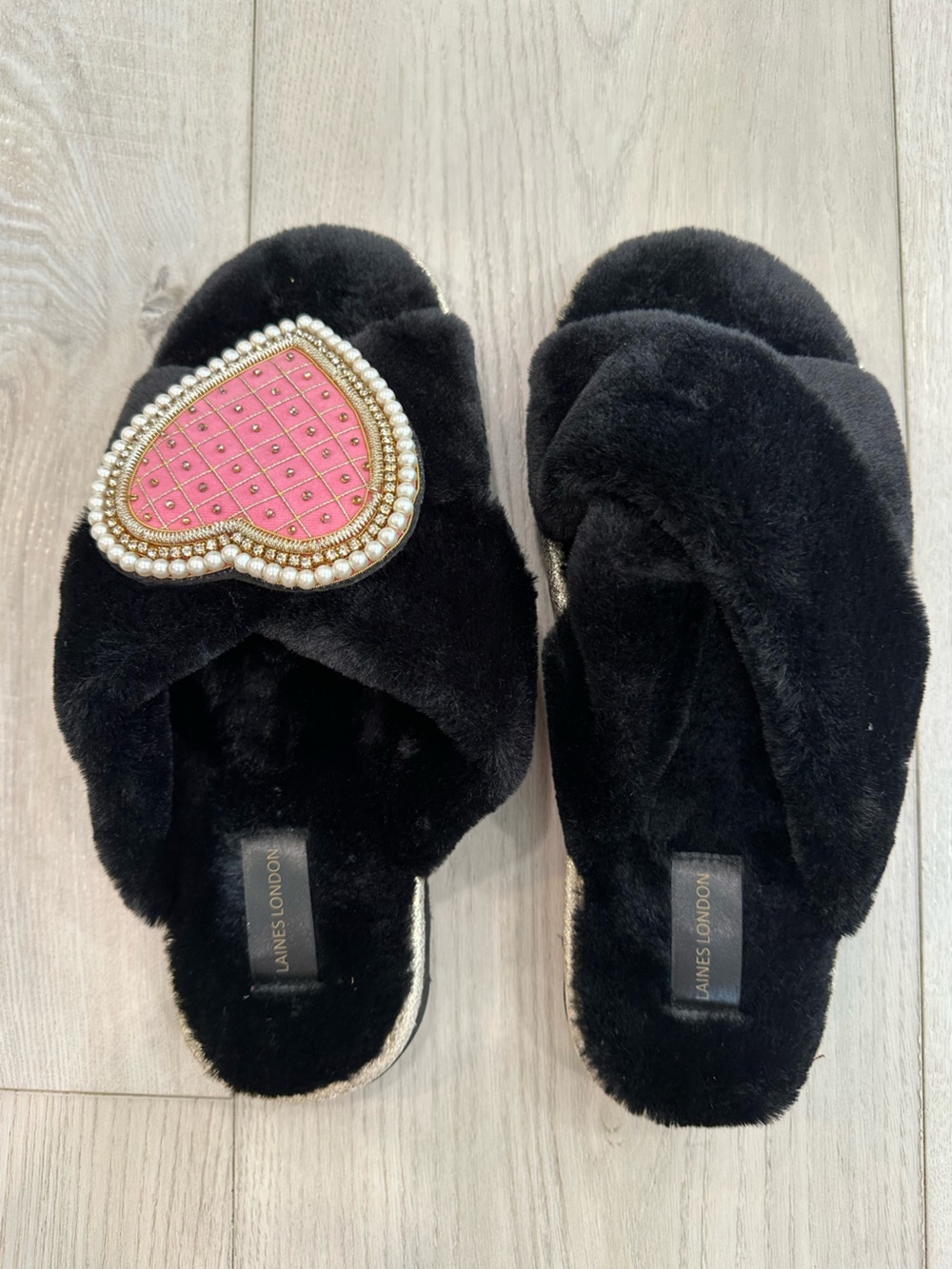 Laines London Black Faux Fur Heart-Embellished Slide Slippers -